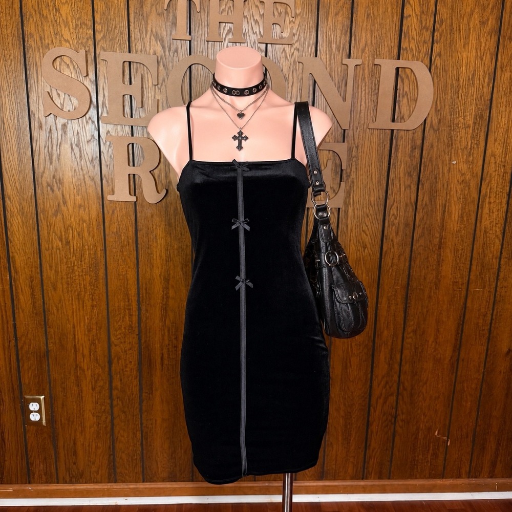Black Velvet Mini Dress Popular 21 Womens S Bow Detail Y2K Glam Dark Coquette